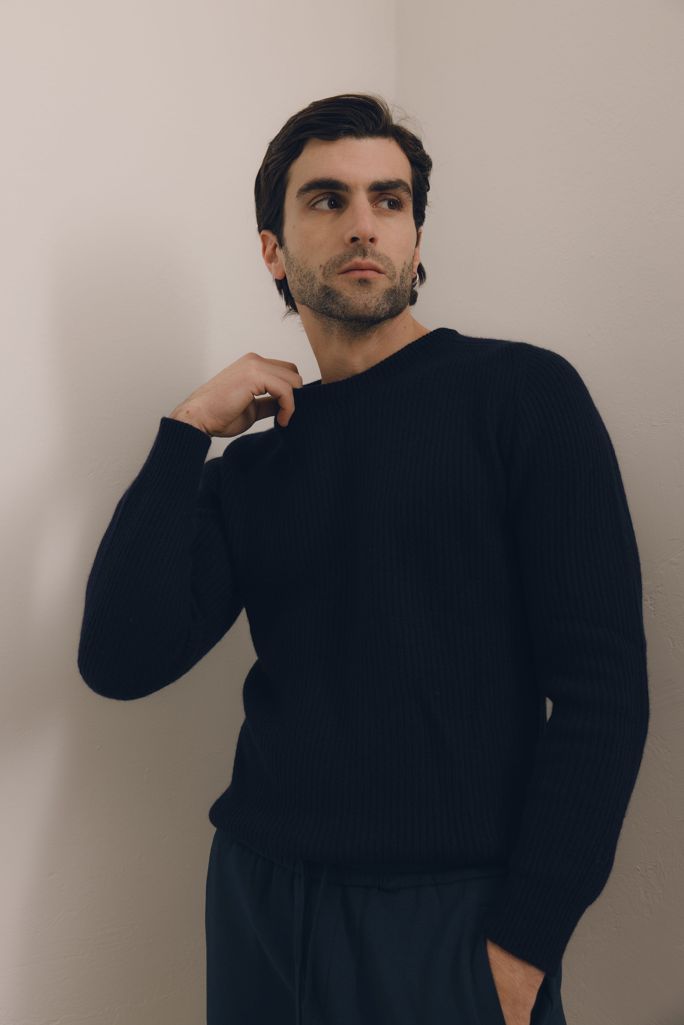 Maglione Girocollo a costa inglese 100% Cashmere Blu - Unisex