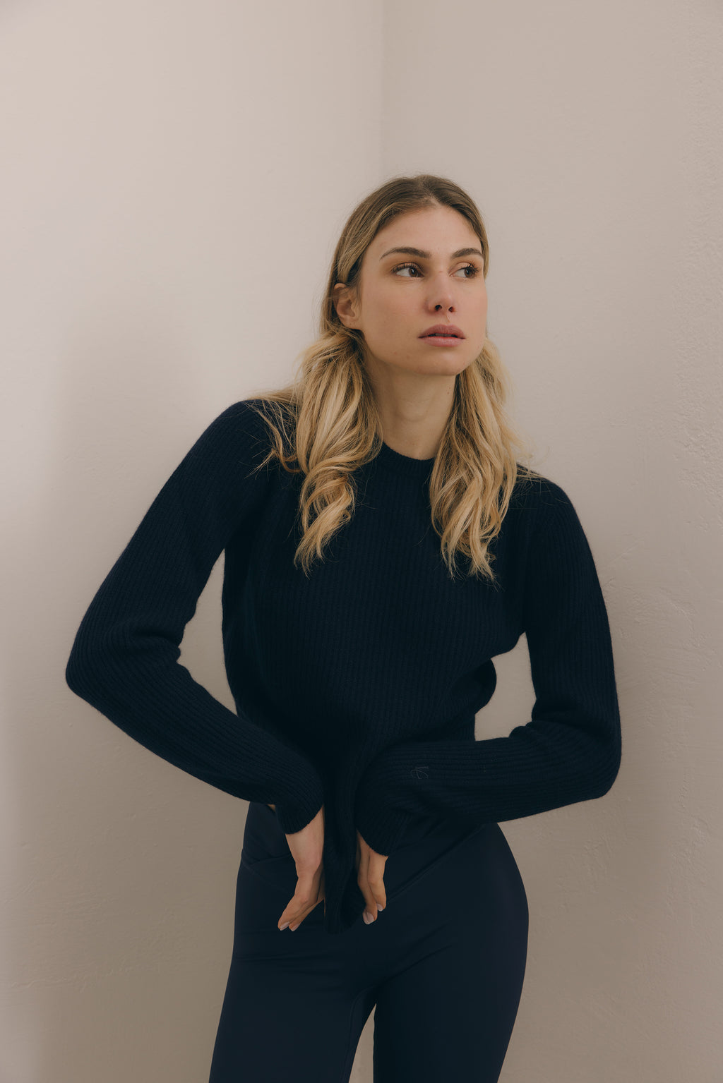 Maglione Girocollo a costa inglese 100% Cashmere Blu - Unisex