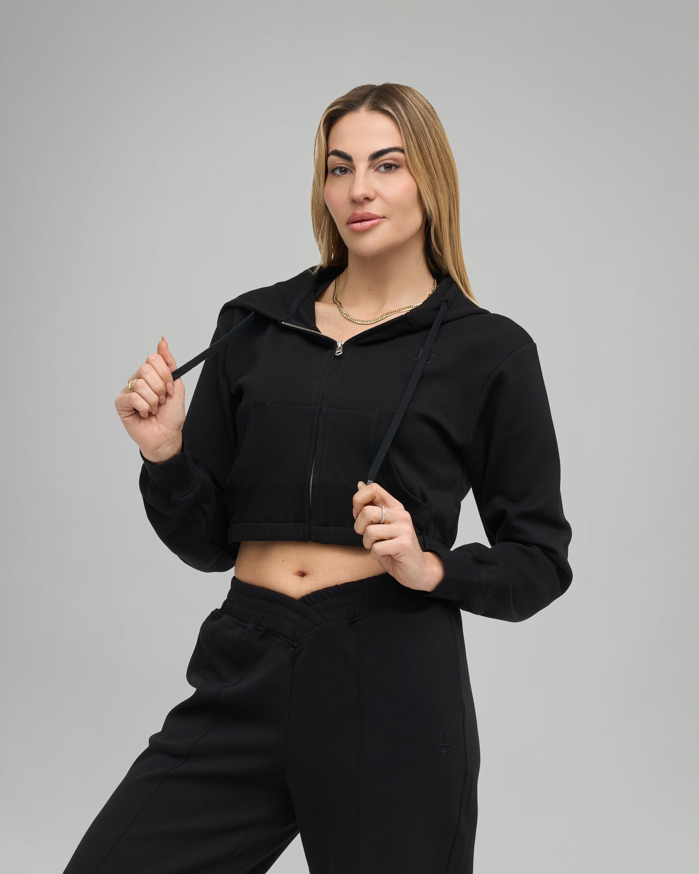Felpa Crop con Cappuccio e Zip - Black
