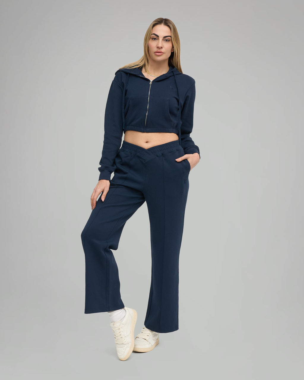 Felpa Crop con Cappuccio e Zip - Blu Notte