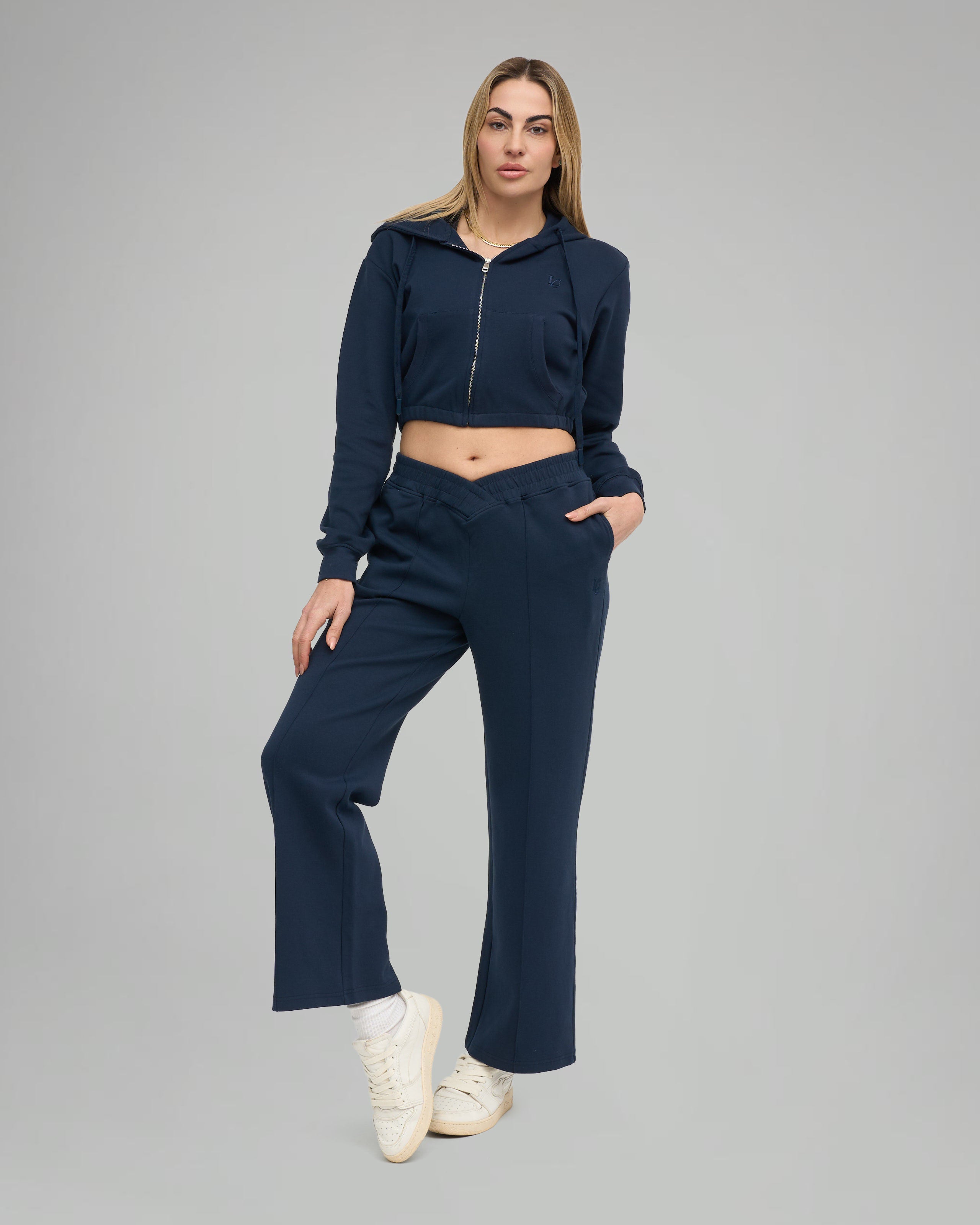 Felpa Crop con Cappuccio e Zip - Blu Notte