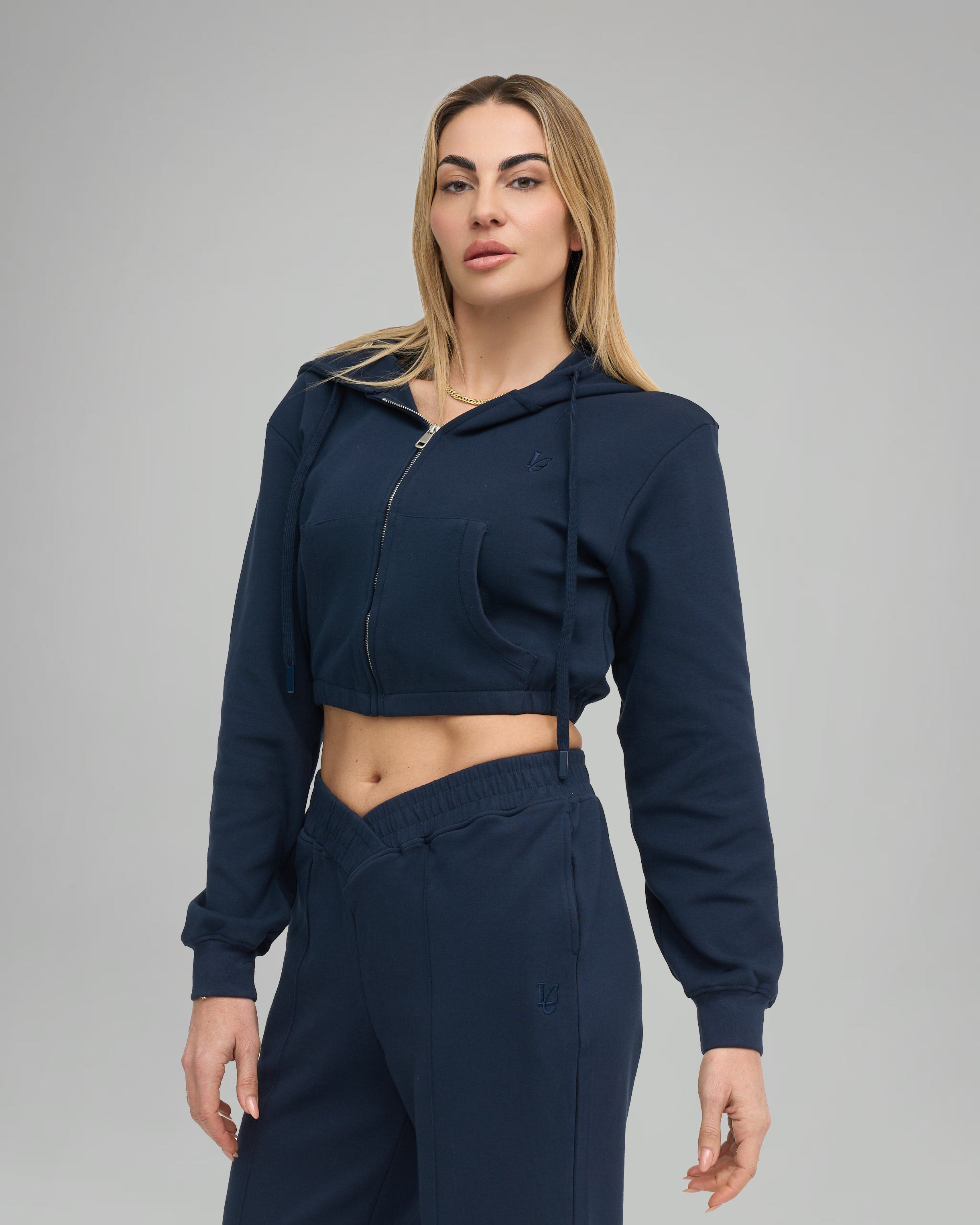 Felpa Crop con Cappuccio e Zip - Blu Notte