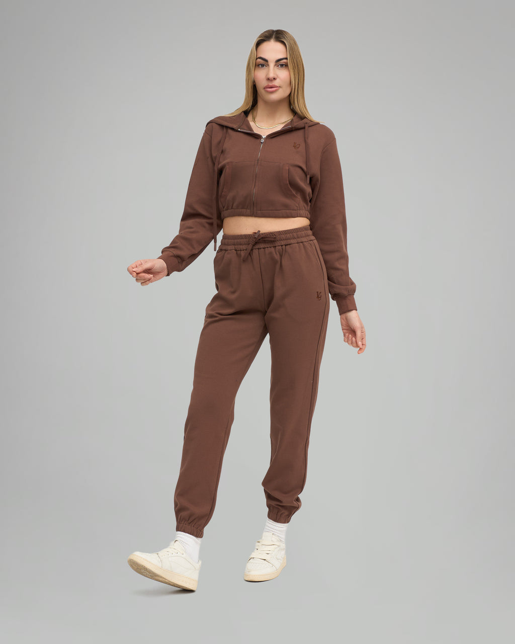 Felpa Crop con Cappuccio e Zip - Cioccolato