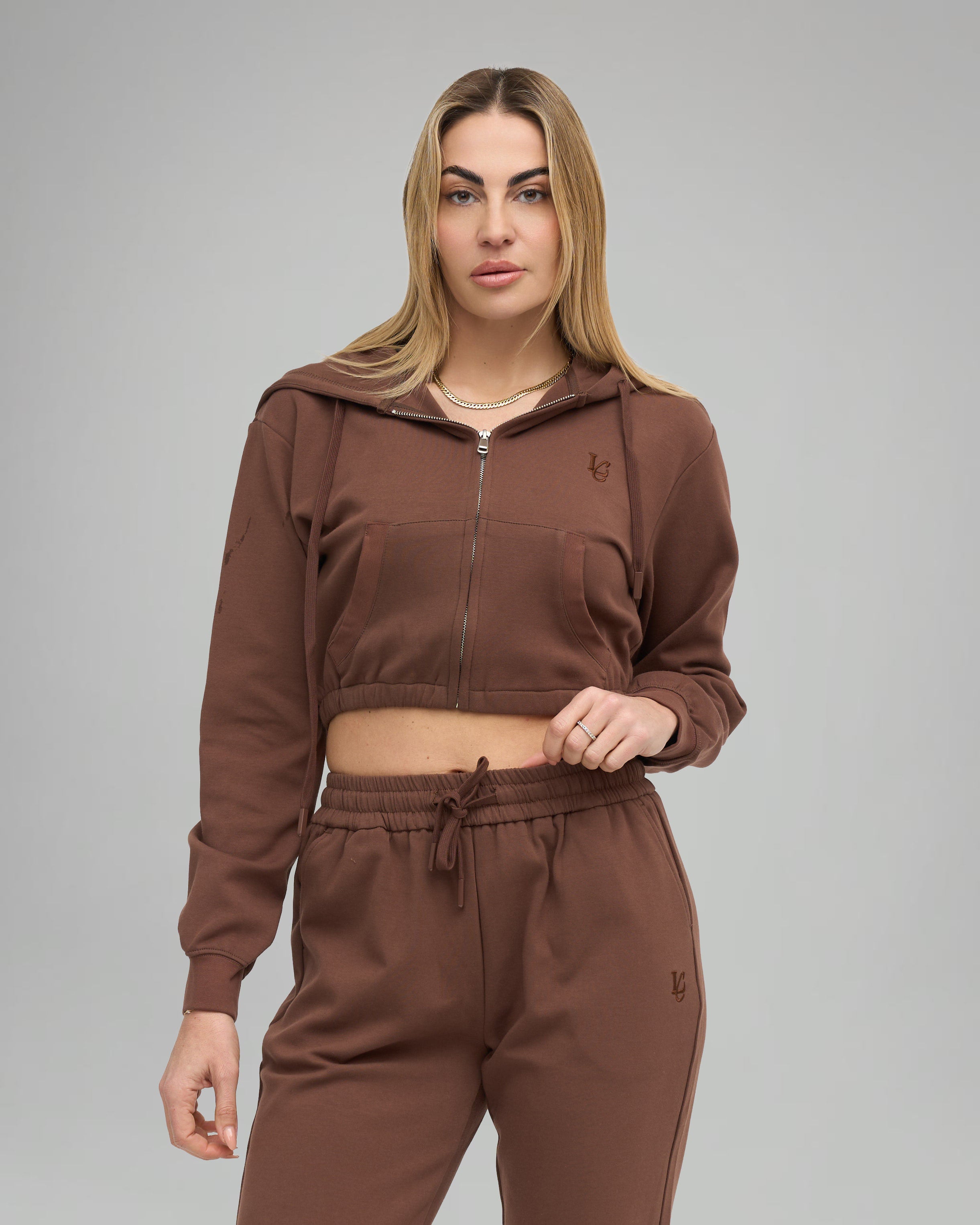 Felpa Crop con Cappuccio e Zip - Cioccolato