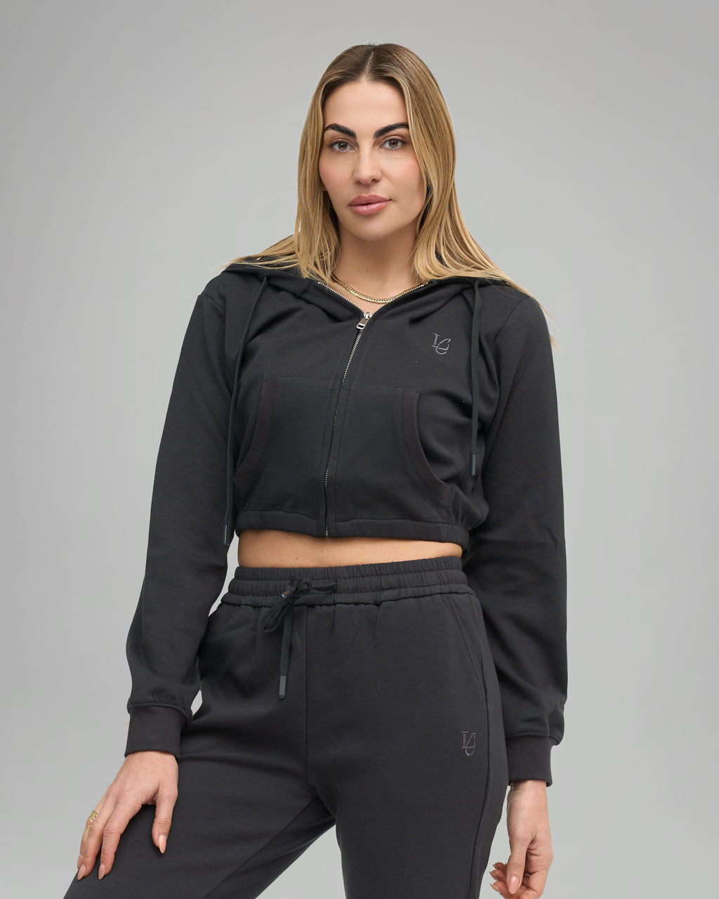 Felpa Crop con Cappuccio e Zip - Grigio Fumo