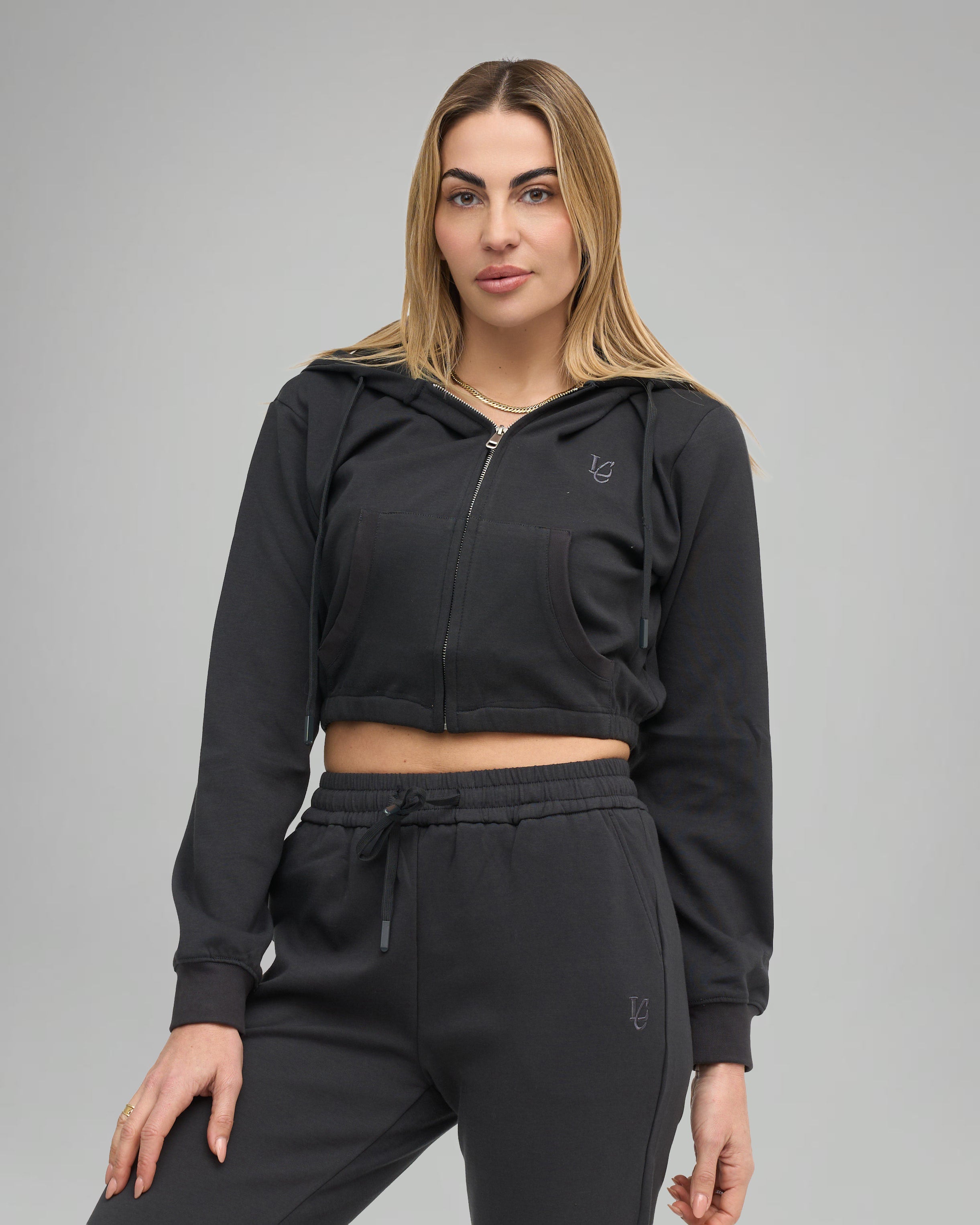 Felpa Crop con Cappuccio e Zip - Grigio Fumo