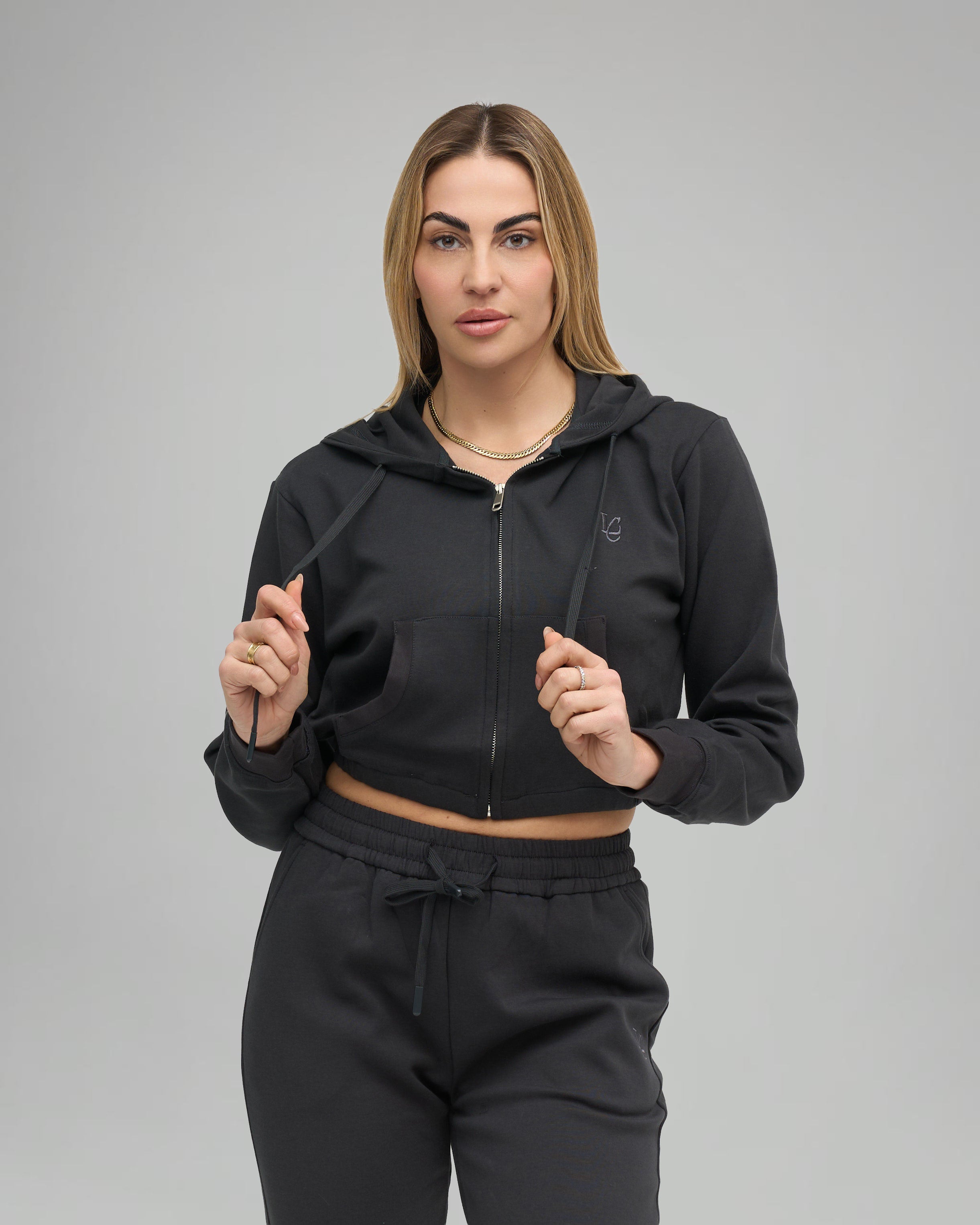 Felpa Crop con Cappuccio e Zip - Grigio Fumo