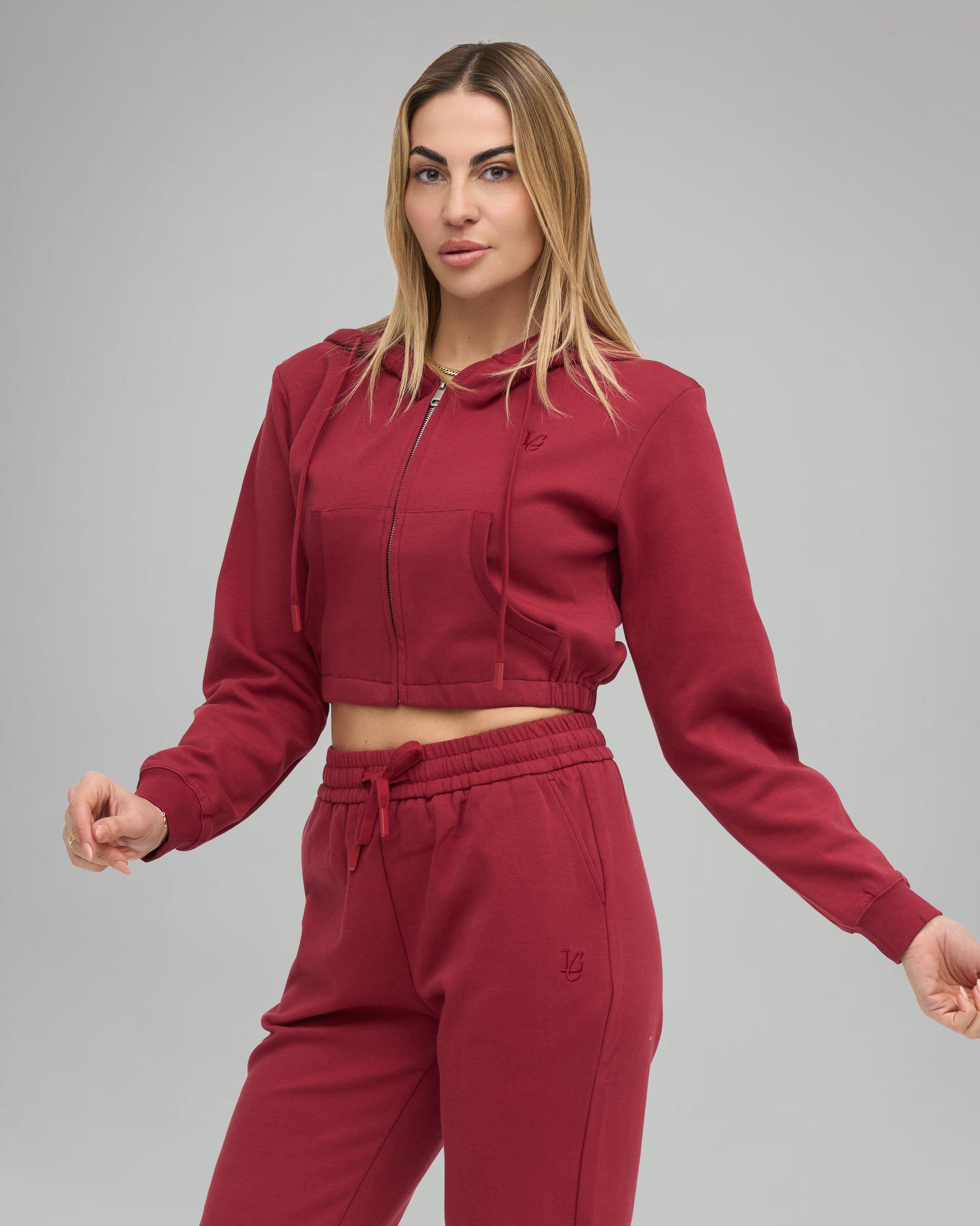 Felpa Crop con Cappuccio e Zip - Bordeaux