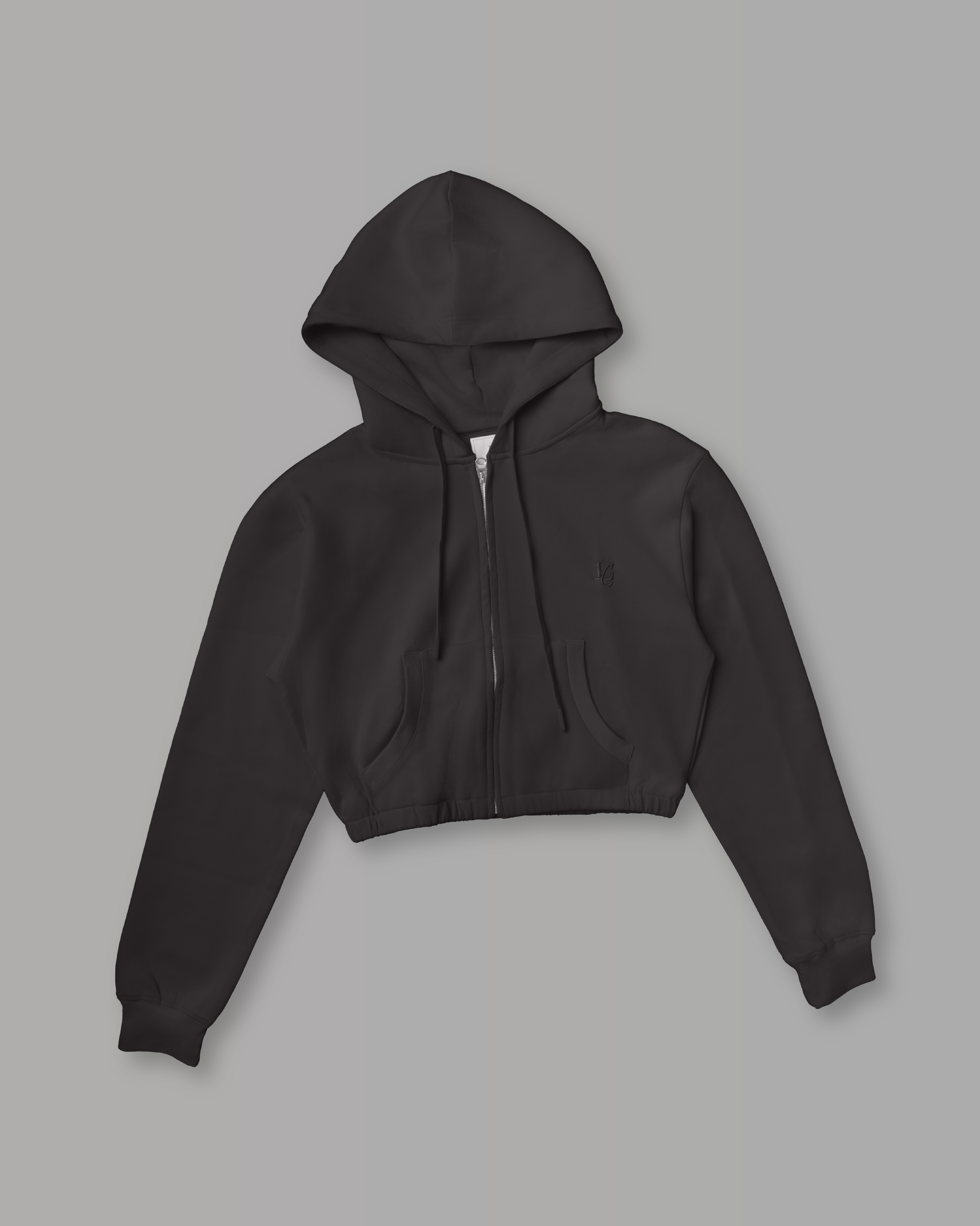 Felpa Crop con Cappuccio e Zip - Grigio Fumo