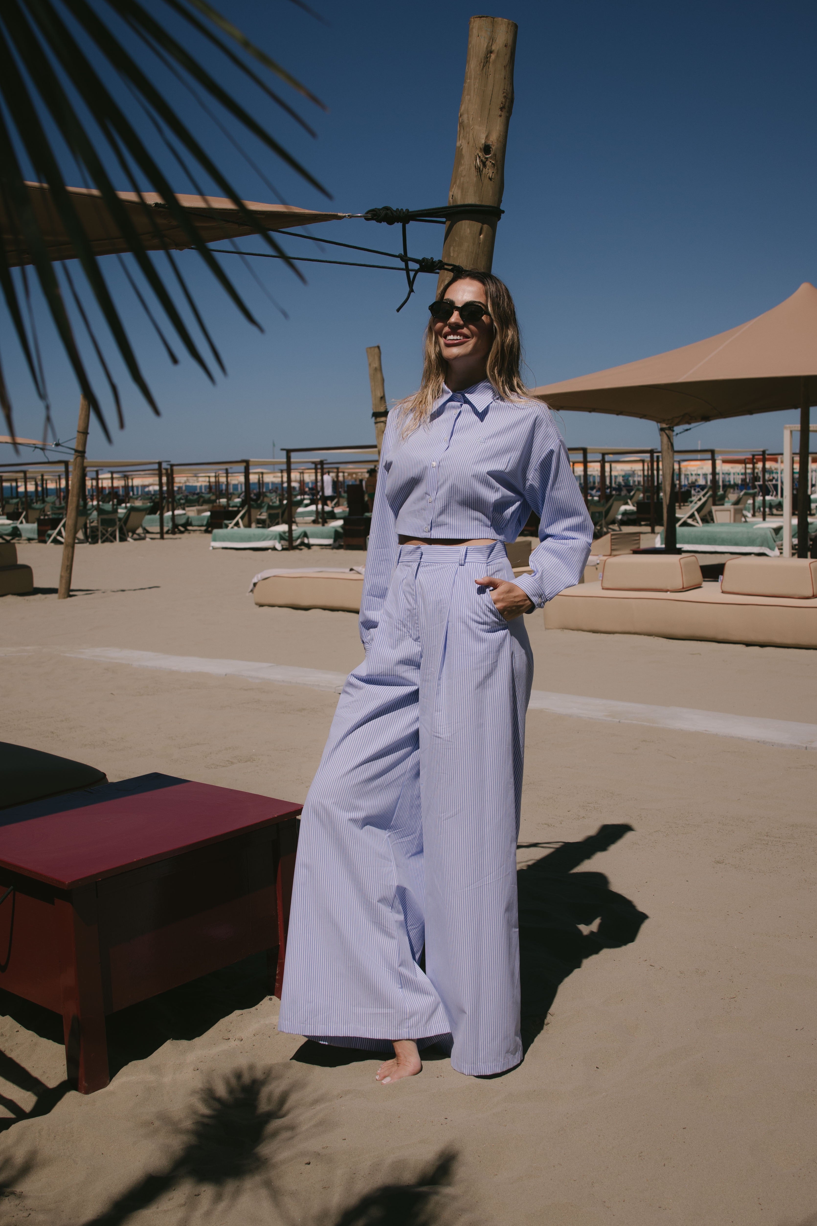 PANTALONE PALAZZO COTONE RIGHE CELESTE