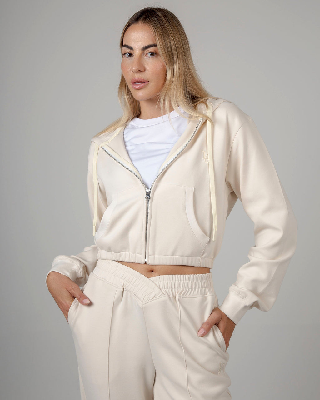 Felpa Crop con Cappuccio e Zip - Panna