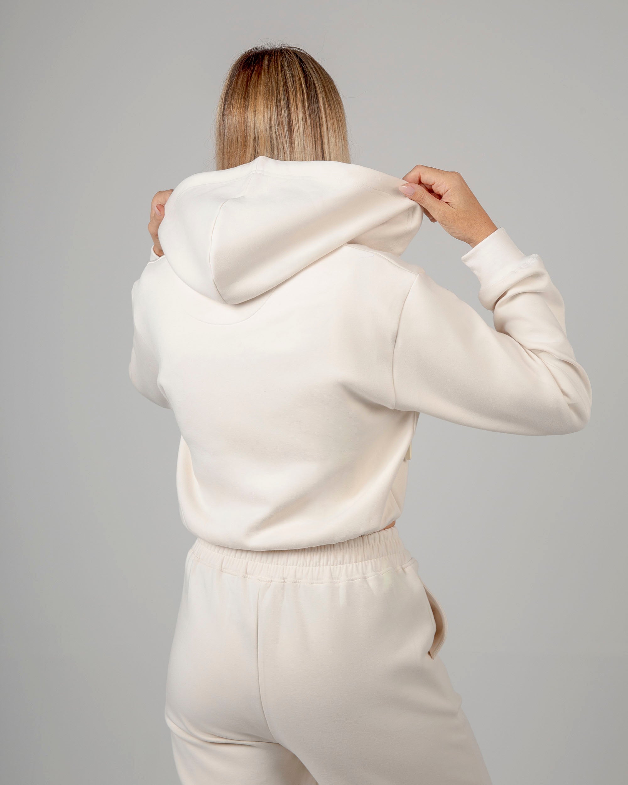 Felpa Crop con Cappuccio e Zip - Panna