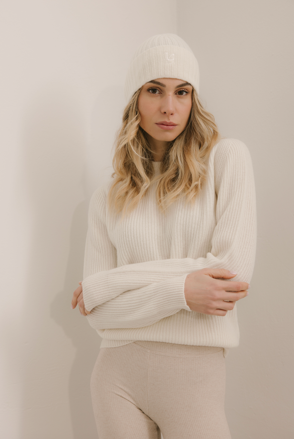 Maglione Girocollo a costa inglese 100% Cashmere Panna - Unisex