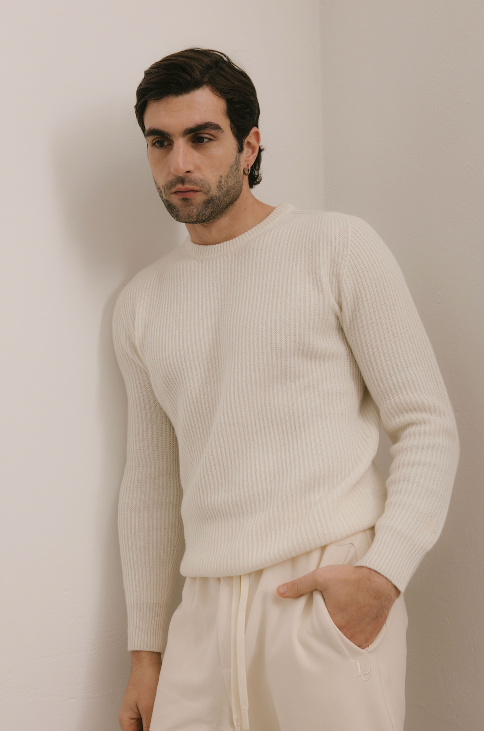 Maglione Girocollo a costa inglese 100% Cashmere Panna - Unisex