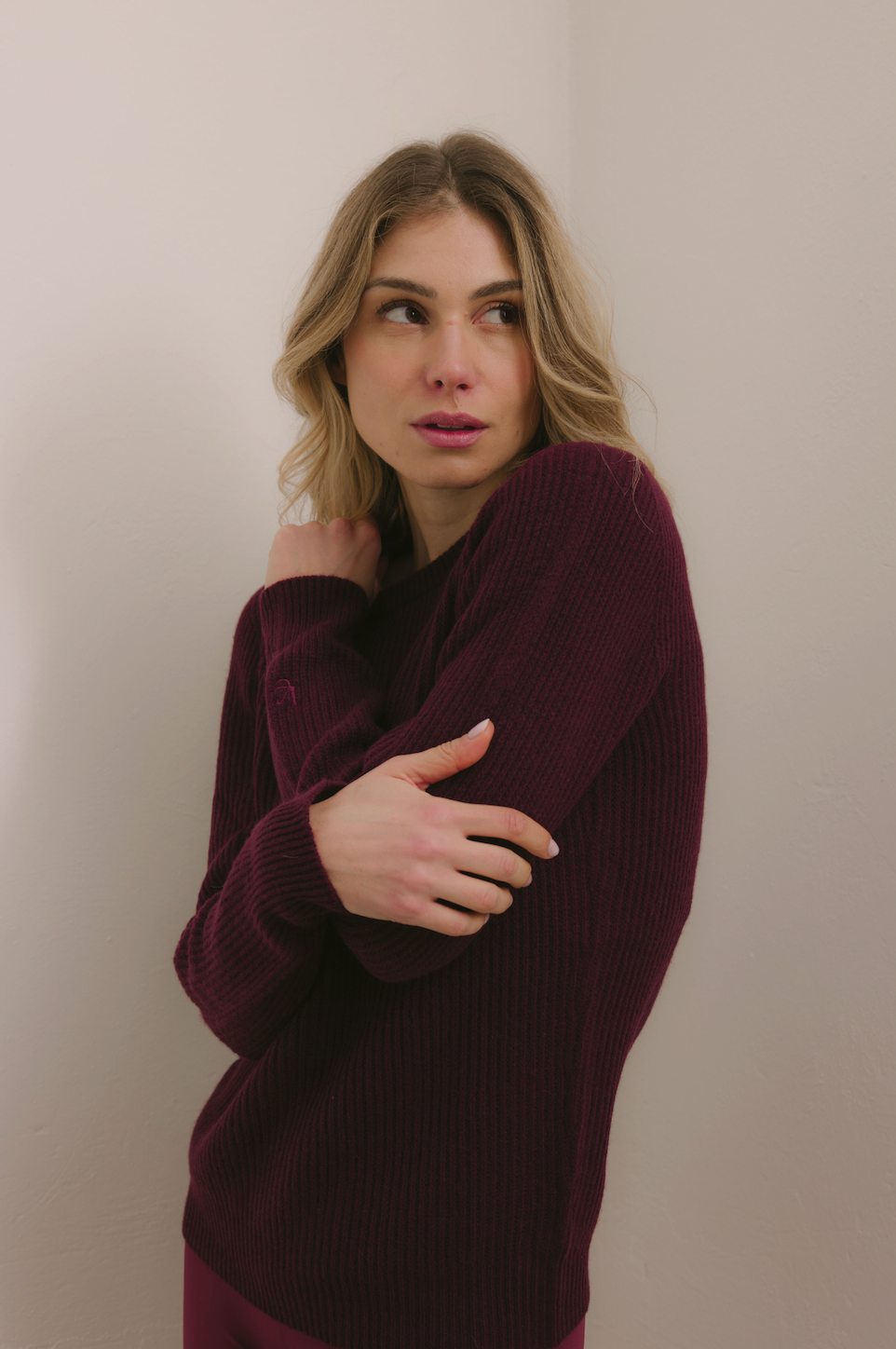 Maglione Girocollo a costa inglese 100% Cashmere Burgundy - Unisex