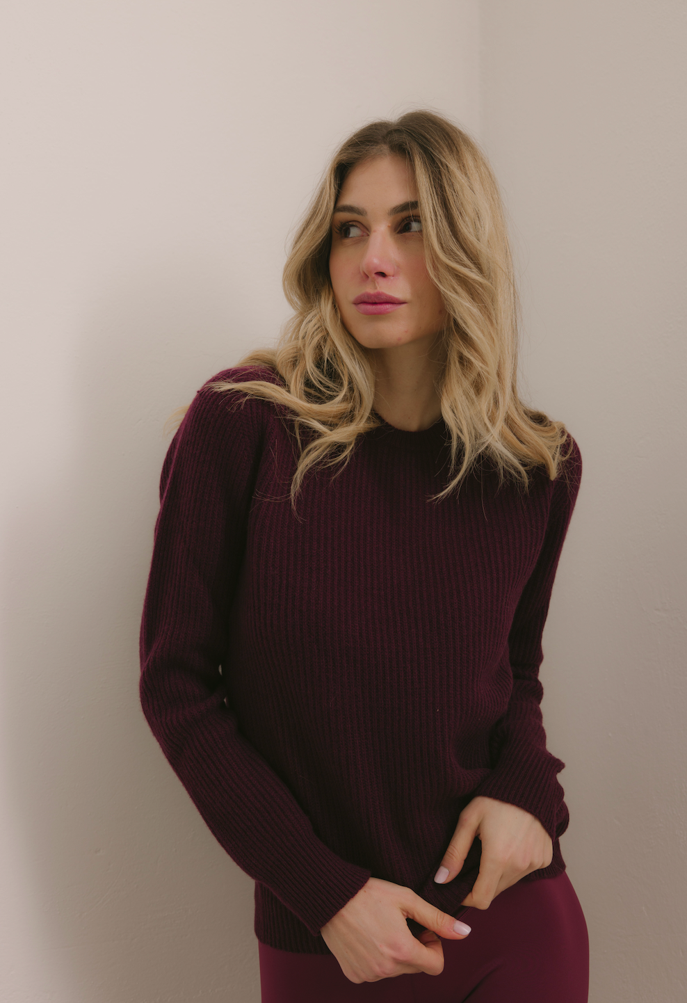Maglione Girocollo a costa inglese 100% Cashmere Burgundy - Unisex