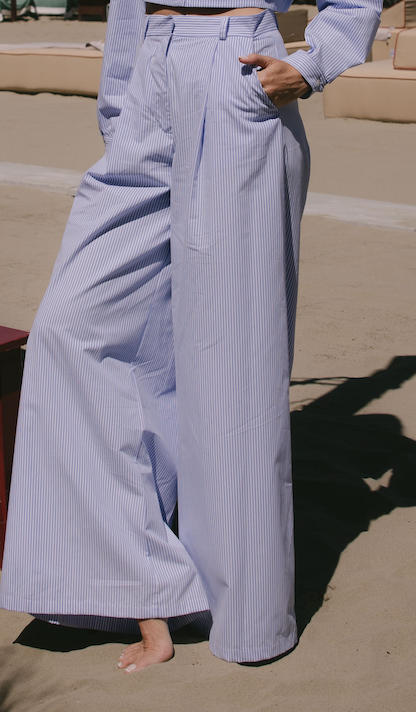 PANTALONE PALAZZO COTONE RIGHE CELESTE