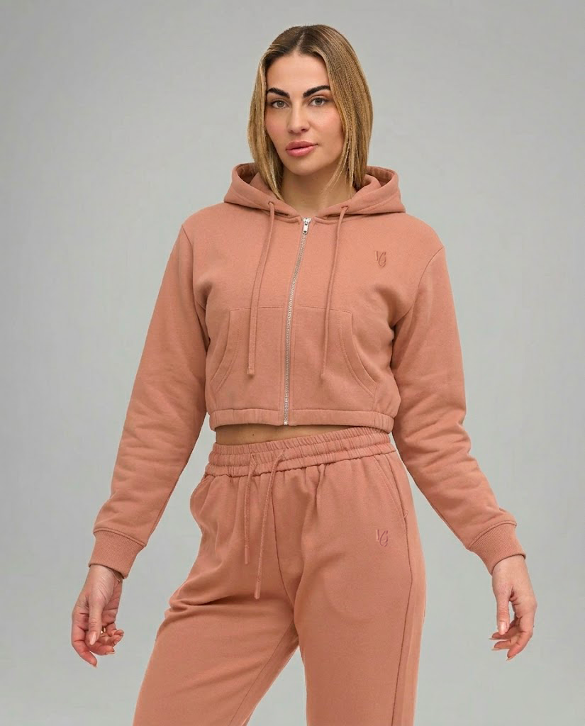 Felpa Crop con Cappuccio e Zip - Caramel